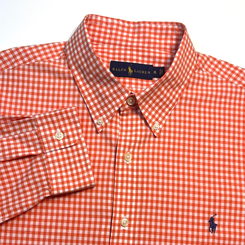Ralph Lauren Orange Gingham Check Mens XL Long Sleeve Button Down‎ Preppy Shirt